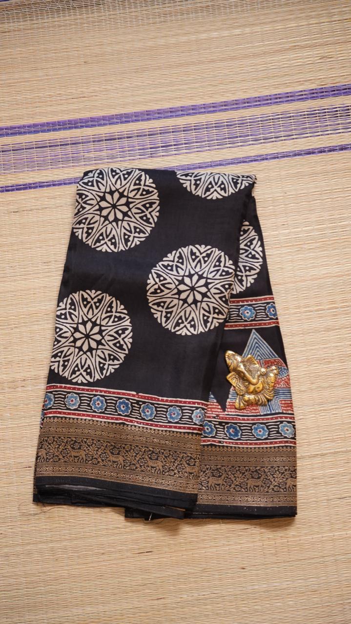 Dola Silk Ajrakh Print Saree - 46-12-01-11 (CLASSIC NOIR)