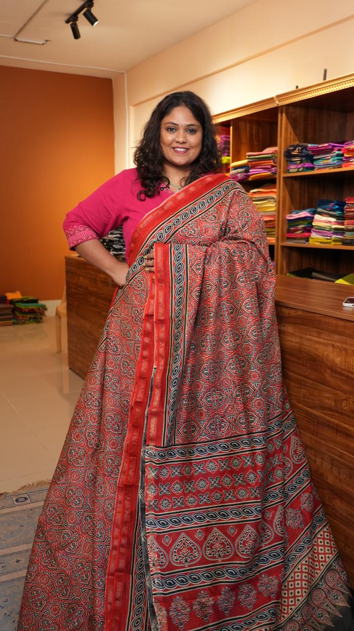 Chanderi hand block print saree - 51-02-01-18 (PASSIONATE RED)