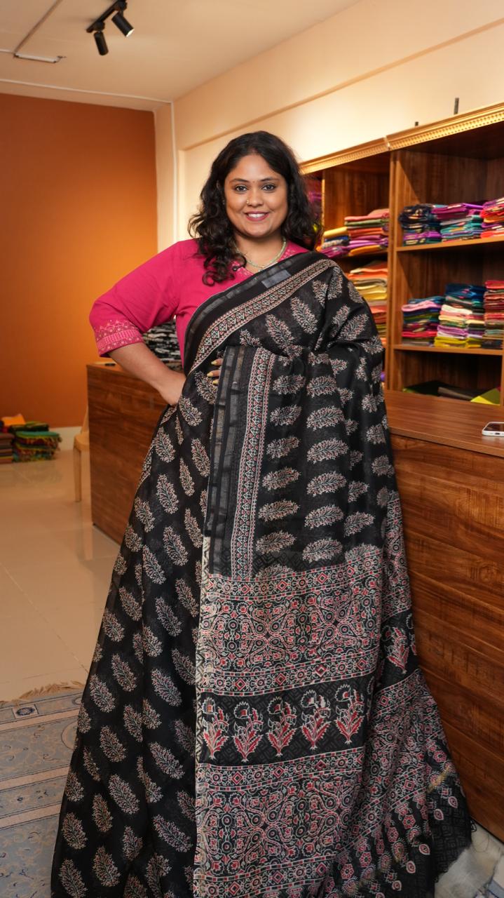Chanderi hand block print saree - 51-02-01-15 (BOLD NOIR)