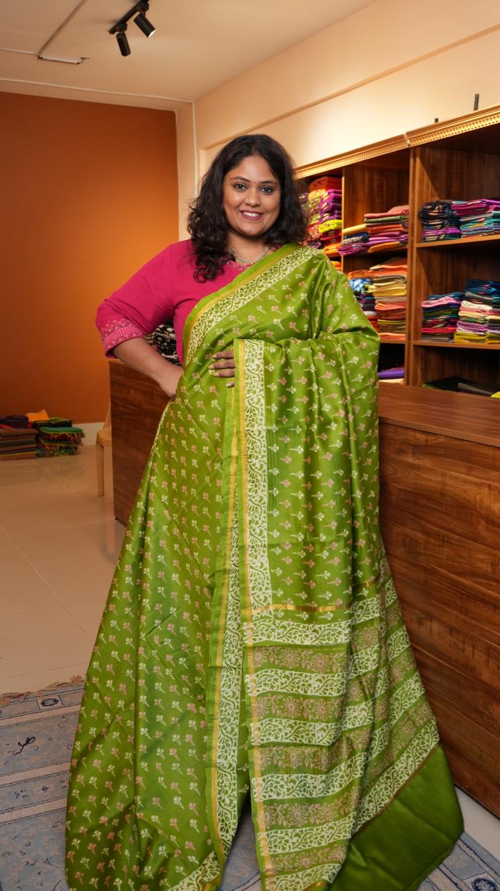 Chanderi Handblock Print Saree - 51-02-01-01 (PISTACHIO KUNAFA)
