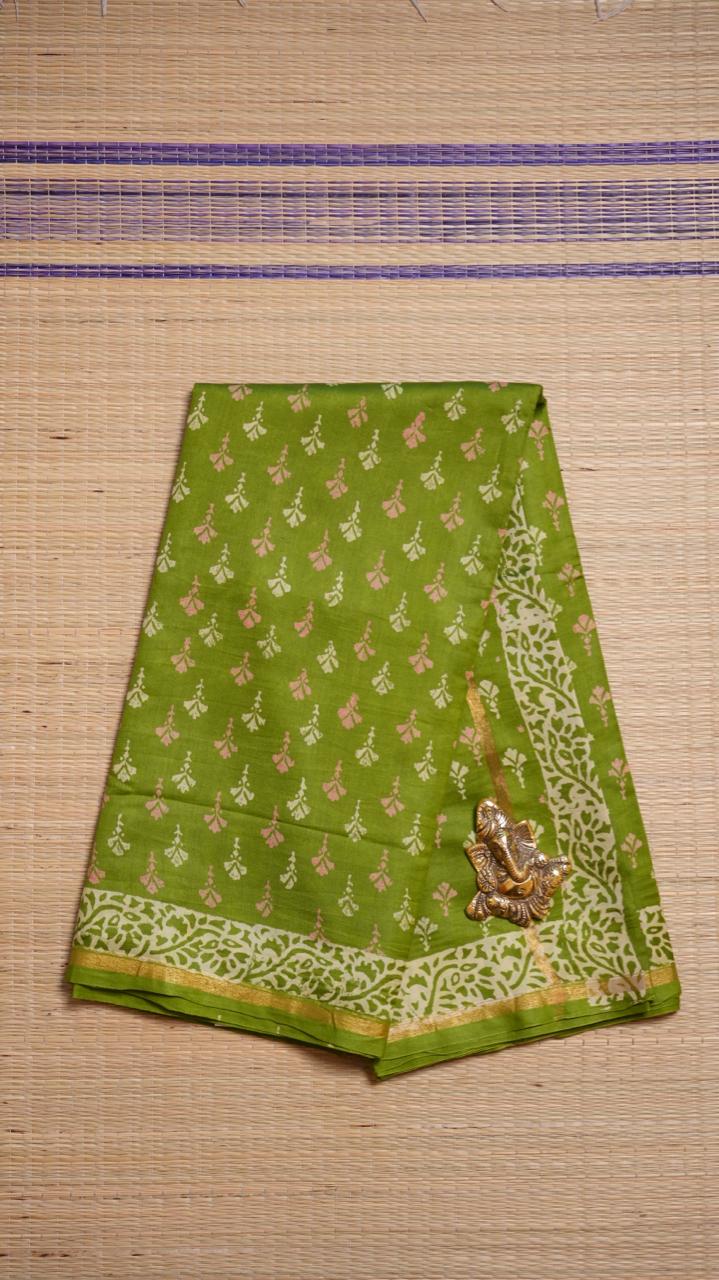Chanderi Handblock Print Saree - 51-02-01-01 (PISTACHIO KUNAFA)