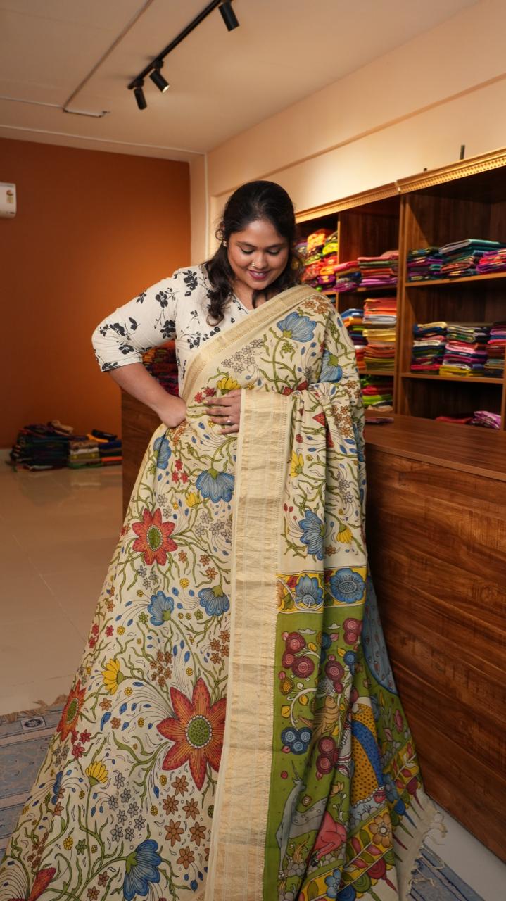 Pen Kalamkari Hand Painted Saree - 02-02-01-05 (SANDY BEIGE)