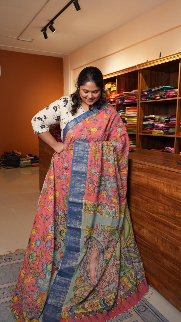 Pen Kalamkari Hand Painted Saree - 02-02-01-07 (CORAL SHORE)