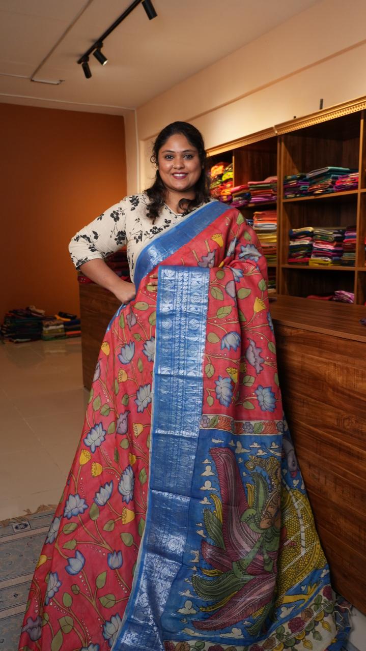 Pen Kalamkari Hand Painted Saree - 02-02-01-02 (SUNSET CLIFF)