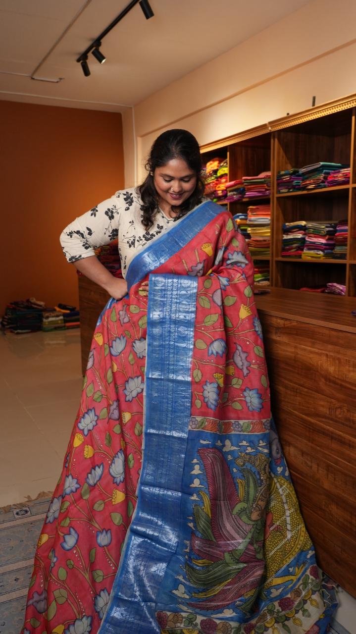 Pen Kalamkari Hand Painted Saree - 02-02-01-02 (SUNSET CLIFF)