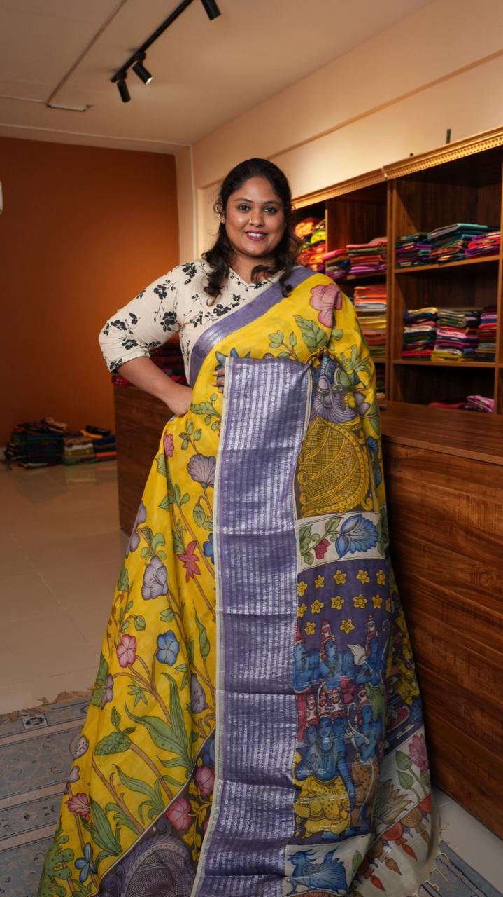 Pen Kalamkari Hand Painted Saree - 02-02-01-03 (GOLDEN HORIZON)