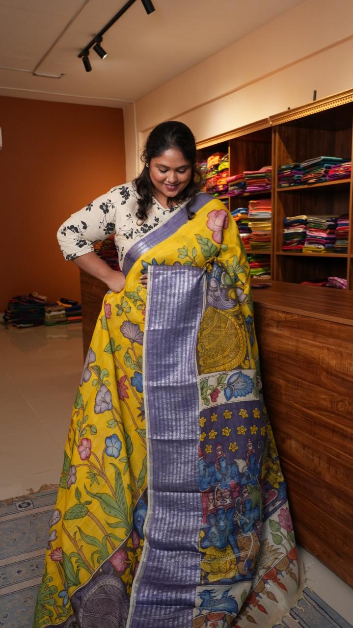 Pen Kalamkari Hand Painted Saree - 02-02-01-03 (GOLDEN HORIZON)