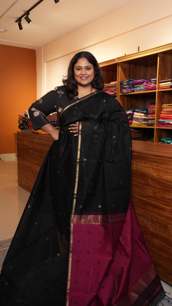 ***PREORDERS ONLY*** Maheshwari Silk Cotton Small Border Saree - 05-02B-06-07 (BLACK DAHLIA) | SHIPS IN 5-6 WEEKS | NO READY STOCK | WAIT TIME 5-6 WEEKS | PLEASE READ DESCRIPTION BEFORE PLACING ORDER
