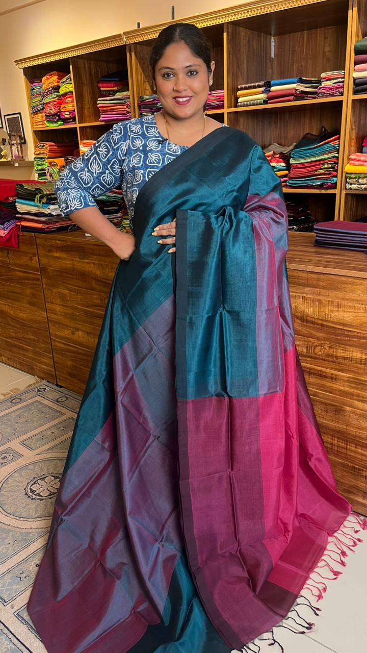 Mangalagiri Plain Silk Cotton Saree - 15-01-03-06 (Teal Shaded)