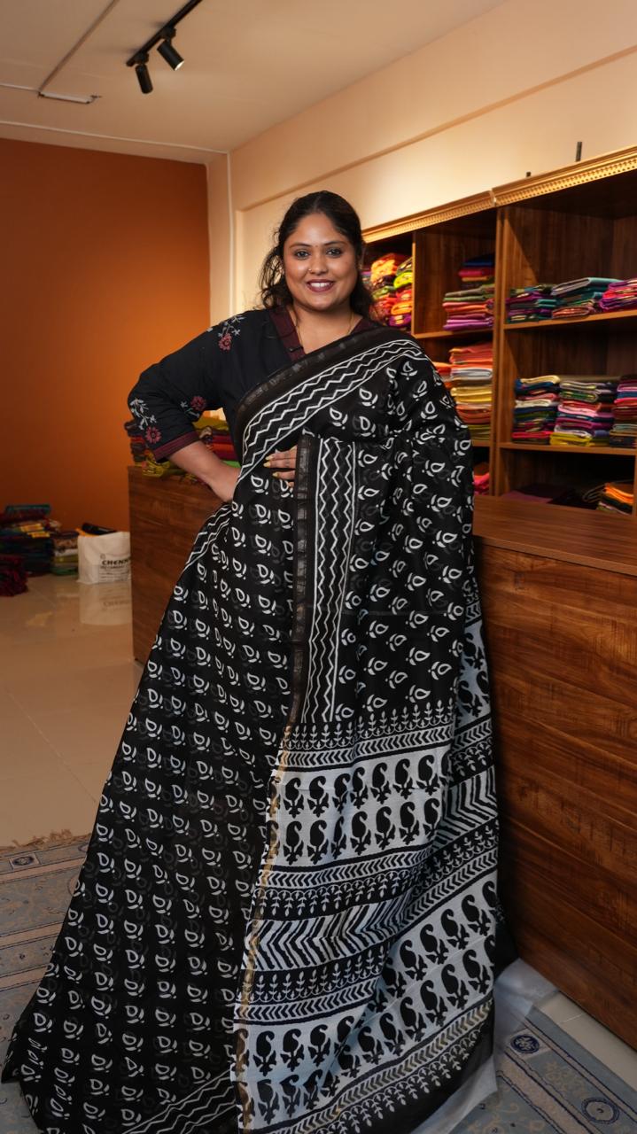 Chanderi Handblock Print Saree - 51-02-01-25 ( LOTUS NOIR)