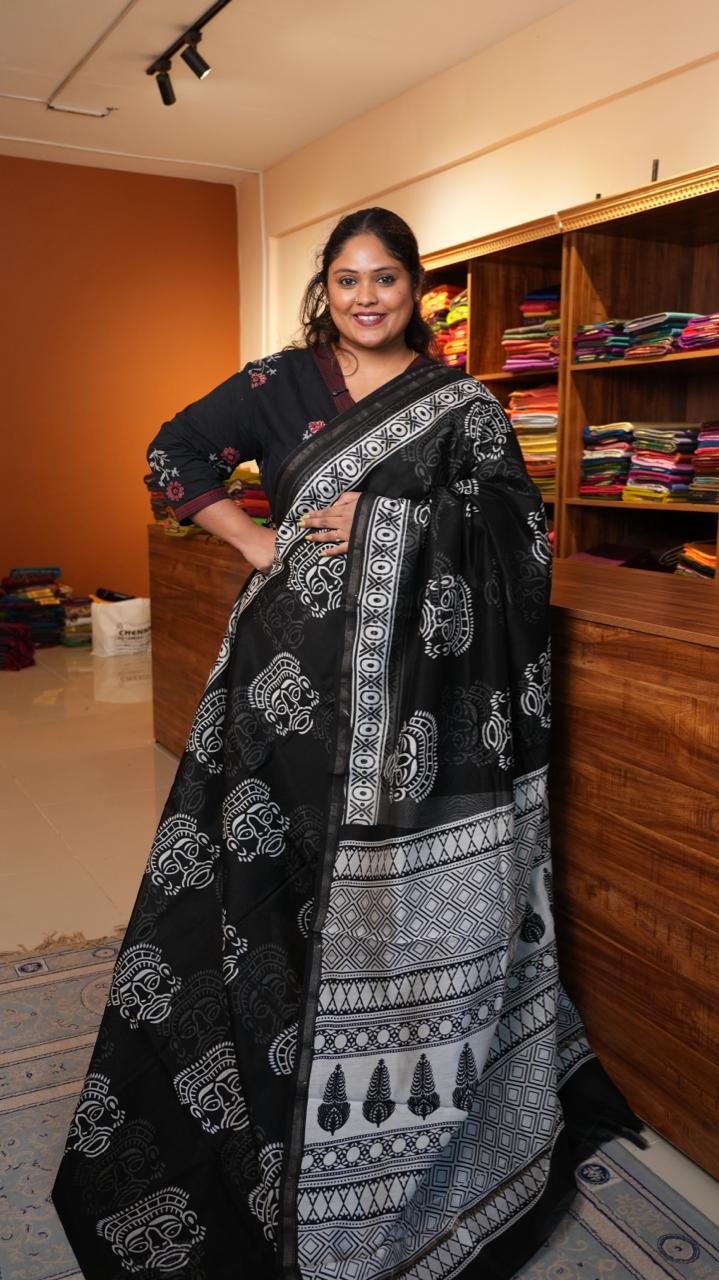 Chanderi Handblock Print Saree - 51-02-01-25 (TRIBAL VISAGE)