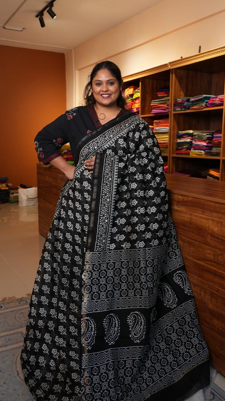 Chanderi Handblock Print Saree - 51-02-01-26 (MIDNIGHT BLOSSOM)