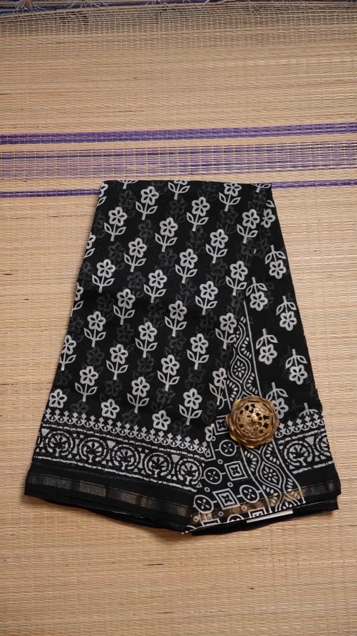 Chanderi Handblock Print Saree - 51-02-01-26 (MIDNIGHT BLOSSOM)