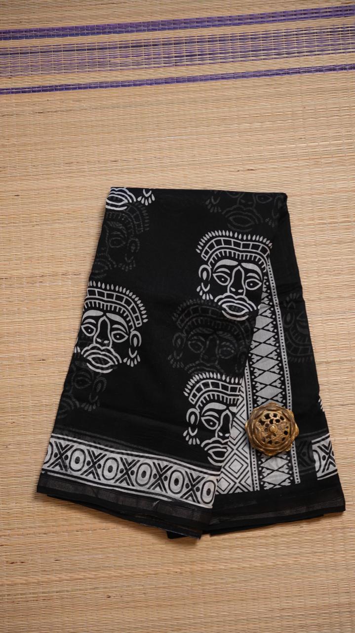 Chanderi Handblock Print Saree - 51-02-01-25 (TRIBAL VISAGE)