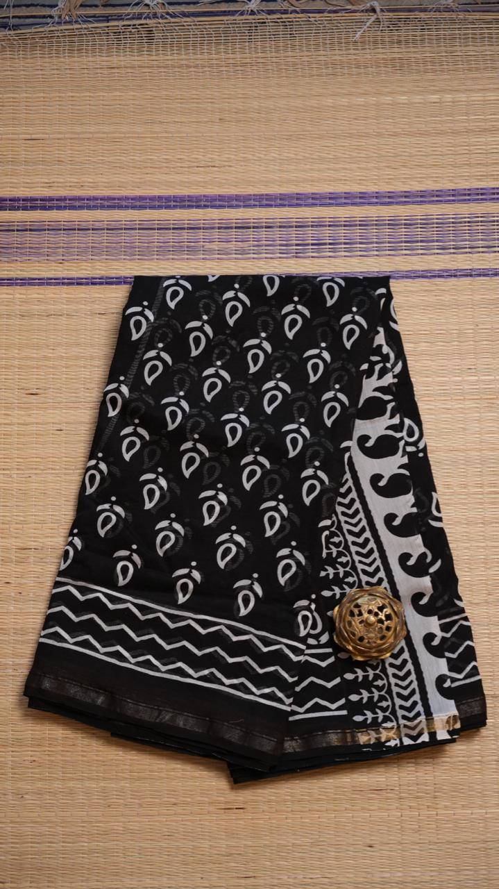 Chanderi Handblock Print Saree - 51-02-01-25 ( LOTUS NOIR)