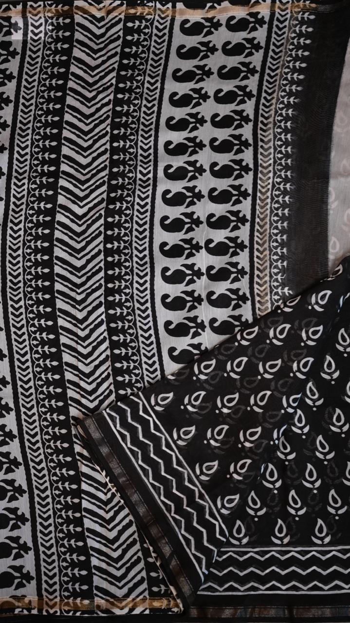 Chanderi Handblock Print Saree - 51-02-01-25 ( LOTUS NOIR)