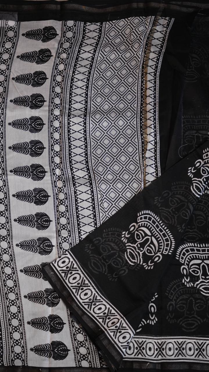 Chanderi Handblock Print Saree - 51-02-01-25 (TRIBAL VISAGE)