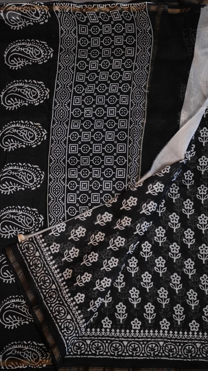 Chanderi Handblock Print Saree - 51-02-01-26 (MIDNIGHT BLOSSOM)