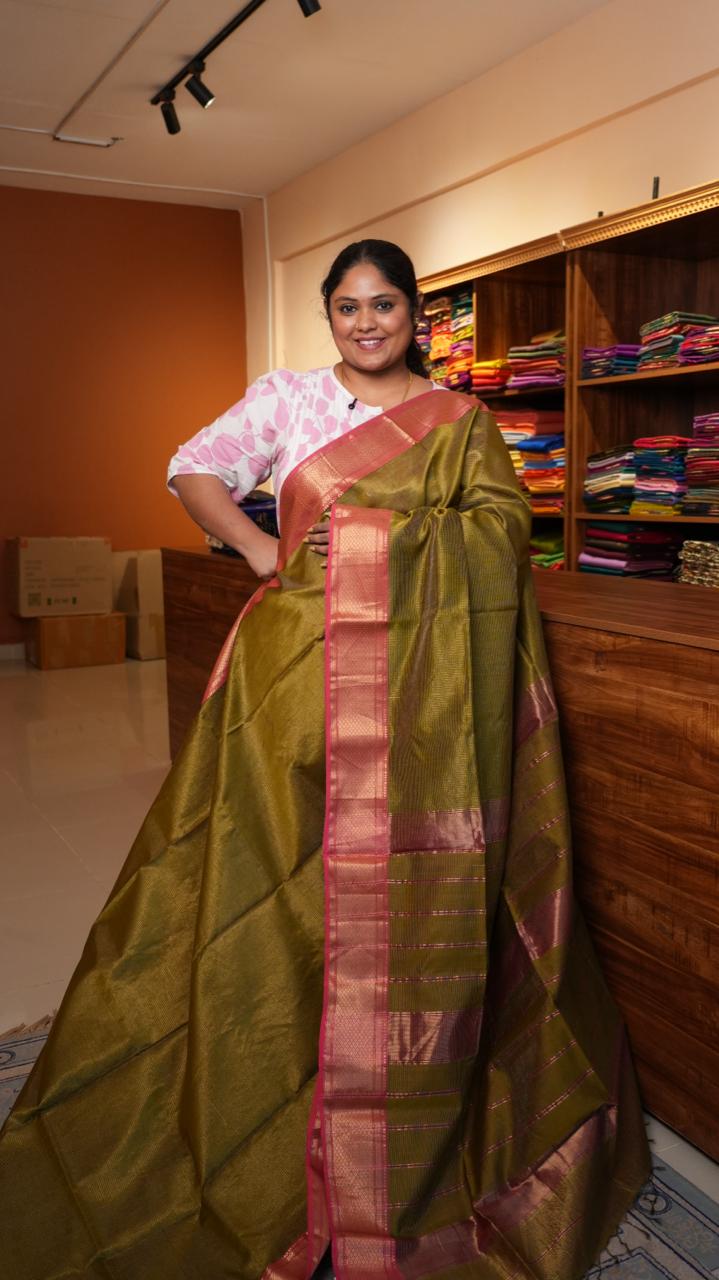 Maheshwari Silk Cotton Podi Kattam Saree - 05-02B-11-03 (OLIVE GROVE)