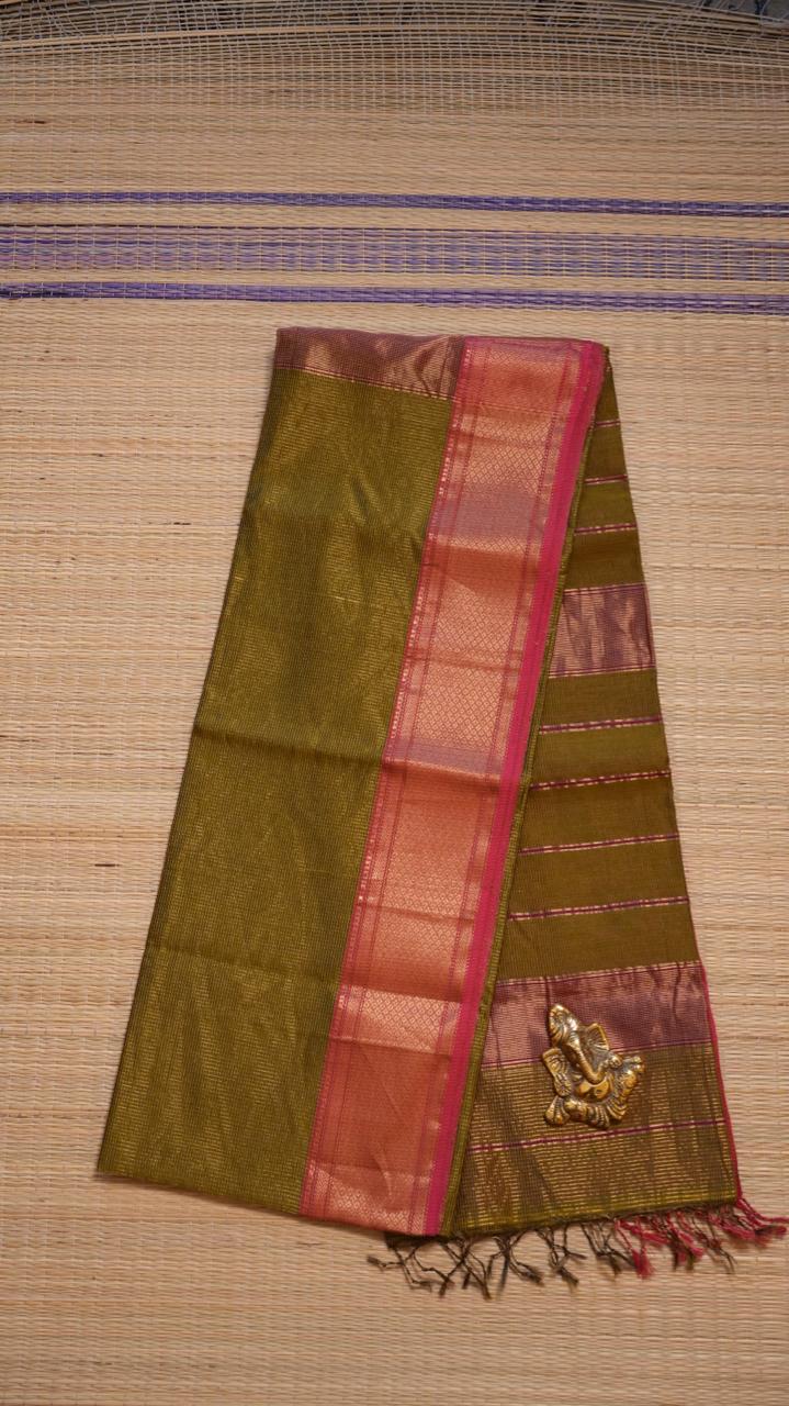 Maheshwari Silk Cotton Podi Kattam Saree - 05-02B-11-03 (OLIVE GROVE)