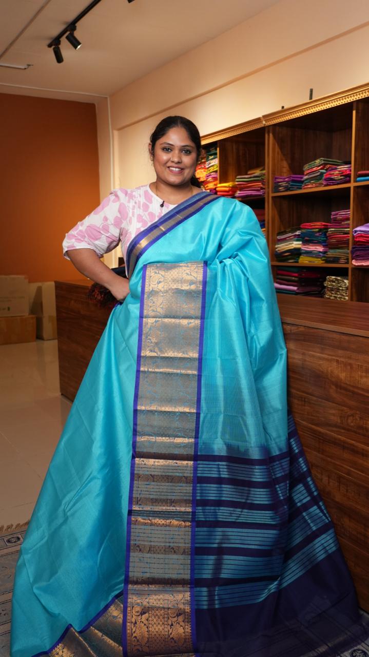 Mangalagiri Silk Cotton Kanchi Border Sarees 15-02-03-12 (AQUAMARINE CROWN)