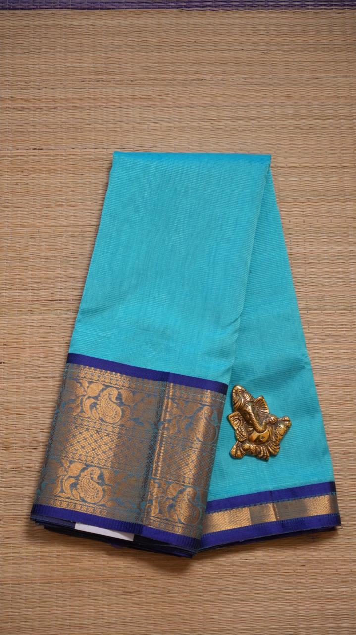 Mangalagiri Silk Cotton Kanchi Border Sarees 15-02-03-12 (AQUAMARINE CROWN)