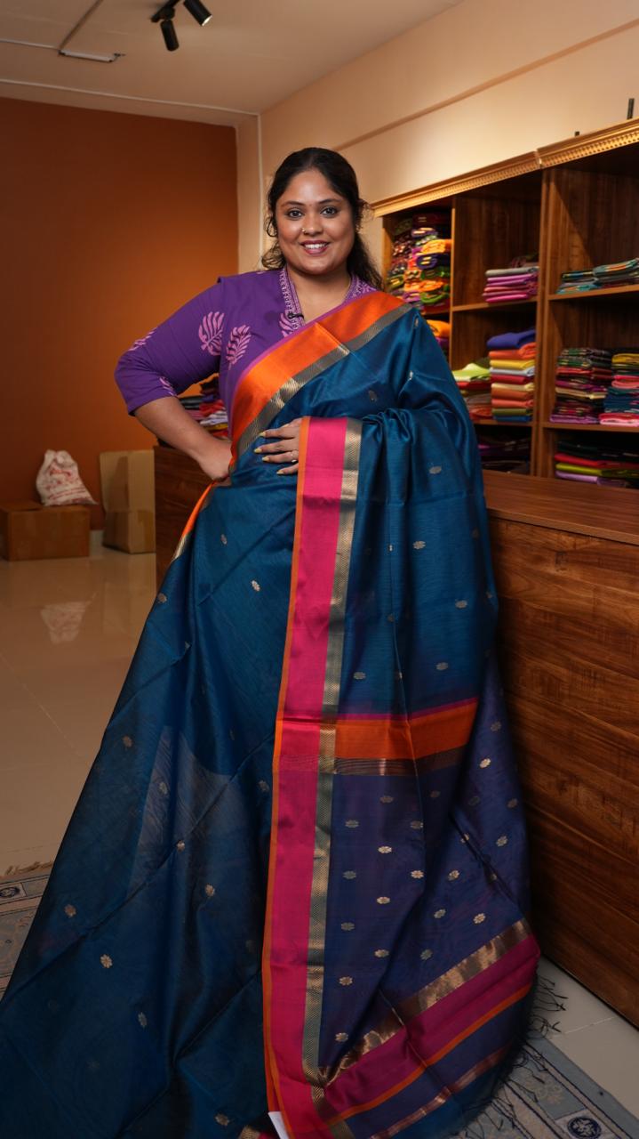 Maheshwari Resham Border Ganga Jamuna Saree -05-02B-04-08 (TEAL SAPPHIRE )