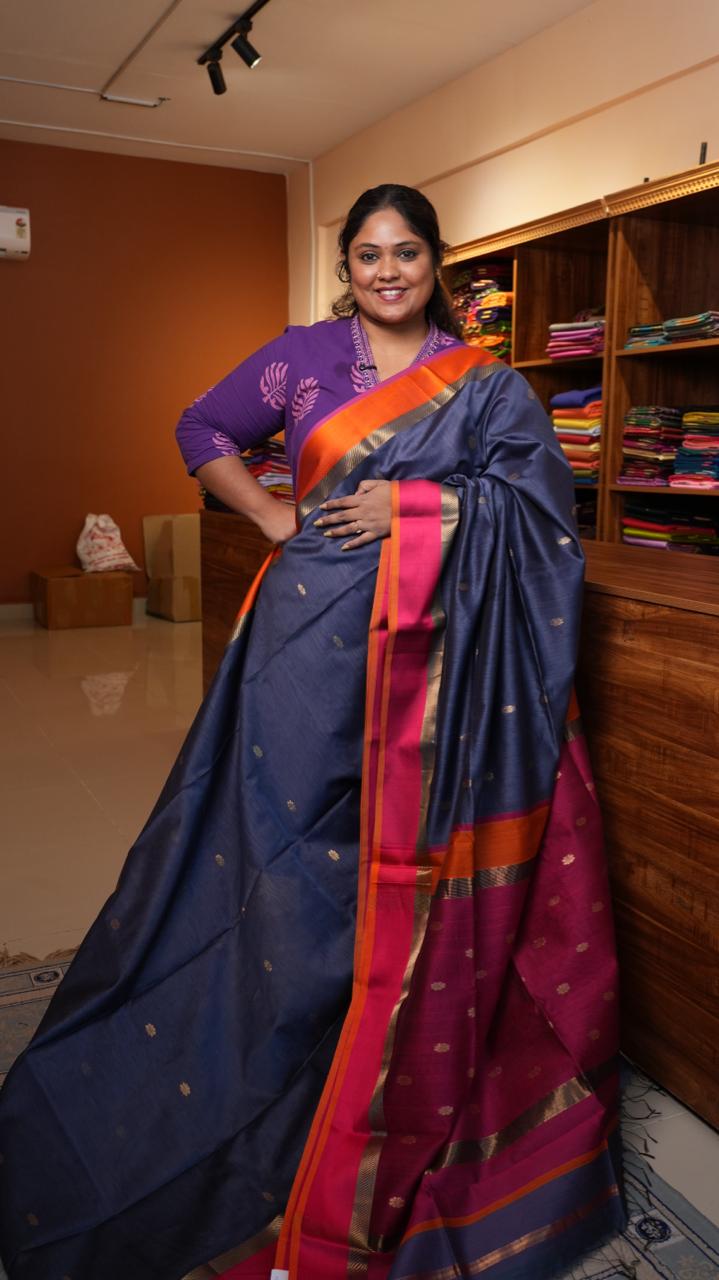 Maheshwari Resham Border Ganga Jamuna Saree -05-02B-04-02 (KYANITE GEM)