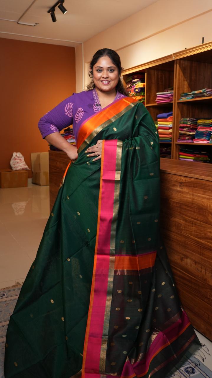 Maheshwari Resham Border Ganga Jamuna Saree -05-02B-04-01 (EMERALD TORQUE)