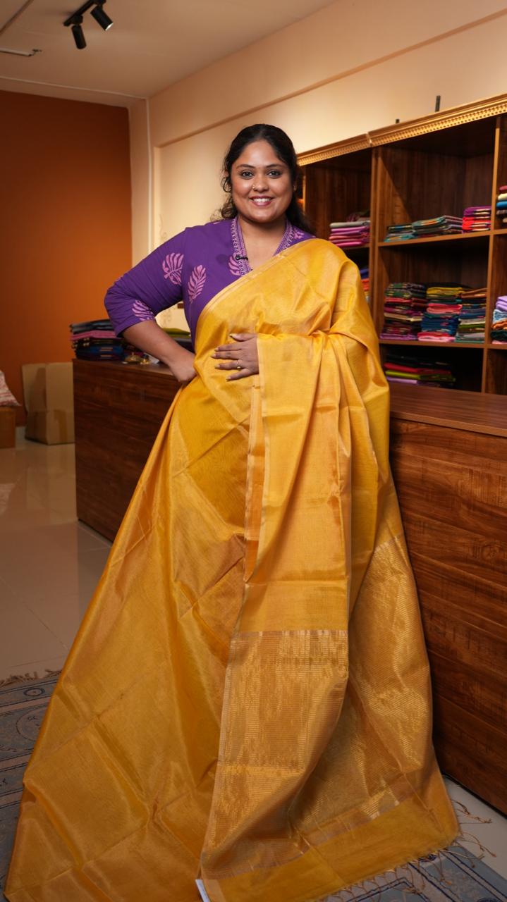 Maheshwari Silk Cotton Plain Tissue Saree - 05-2B-01-11 (GOLDEN LEAF)
