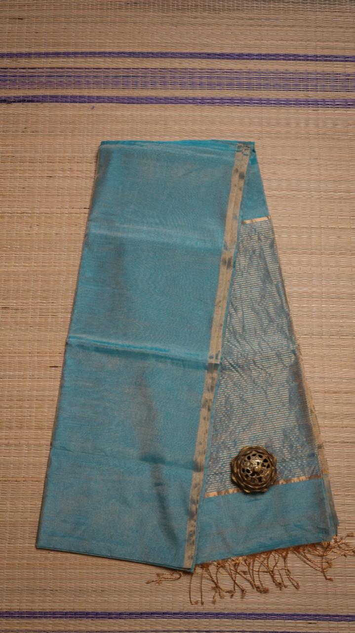 Maheshwari Silk Cotton Plain Tissue Saree - 05-2B-01-12 (BLUE SPRUCE)