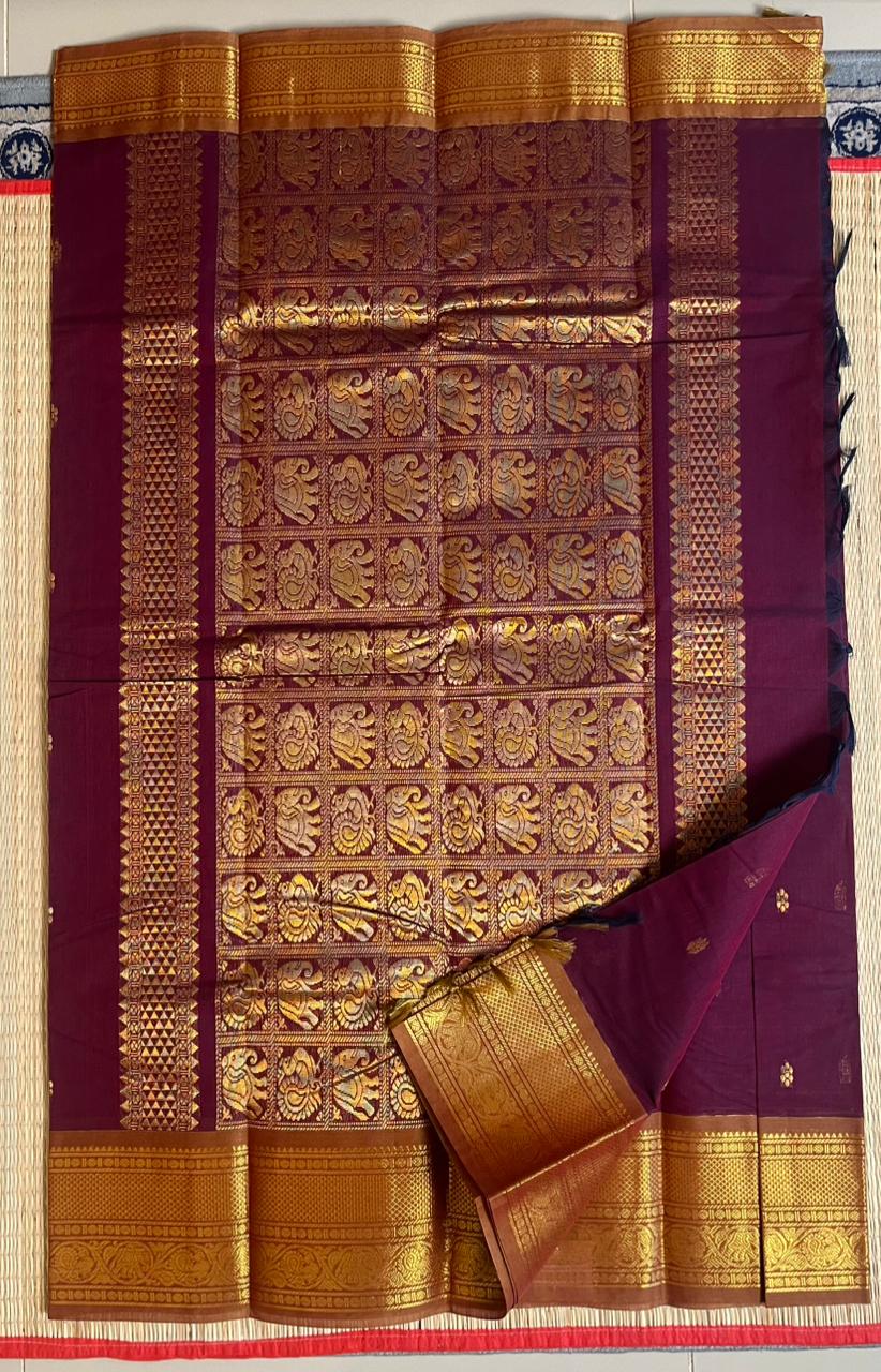 Kanchi Cotton Saree - 01-09B-05-34(Rich Purple Wine Shade) Gopuram Butta