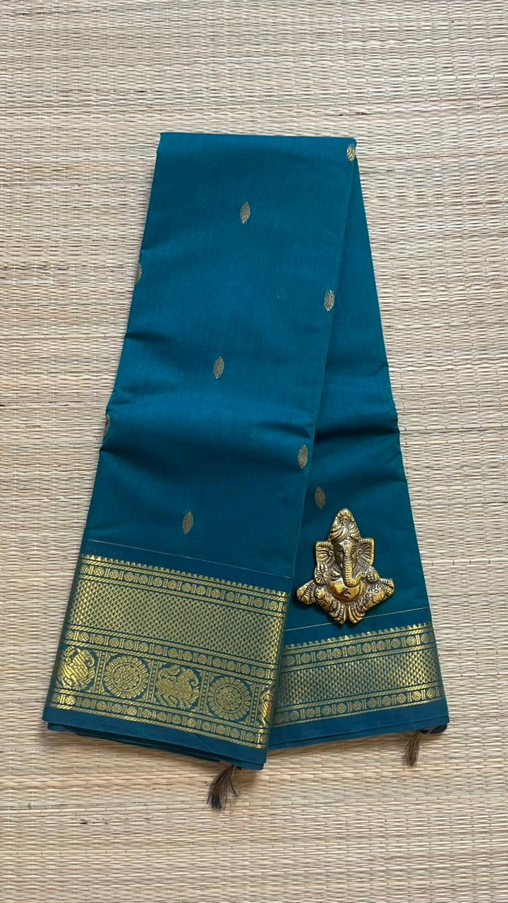 Kanchi Cotton Saree - 01-09B-05-27 (Teal Blue) Gopuram Butta