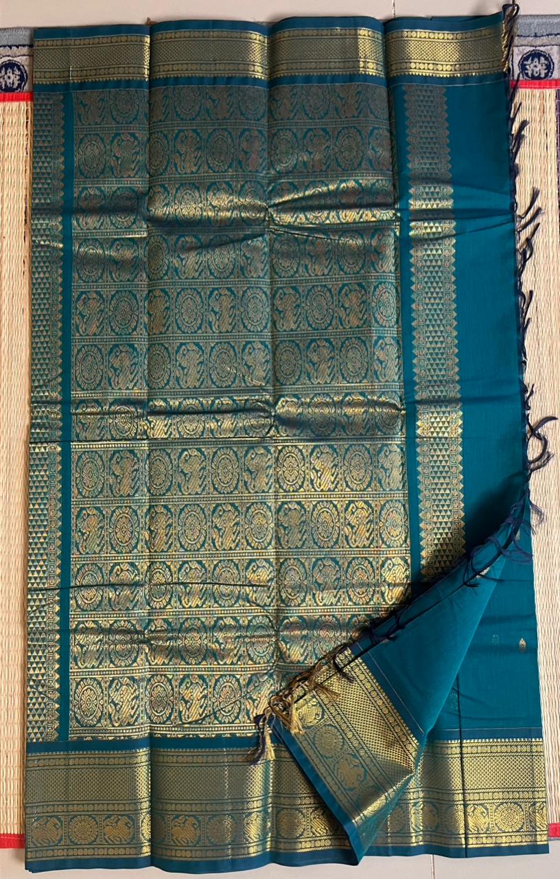 Kanchi Cotton Saree - 01-09B-05-27 (Teal Blue) Gopuram Butta