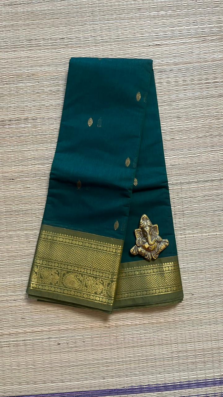 Kanchi Cotton Saree - 01-09B-05-32 (Deep Teal Green) Gopuram Butta