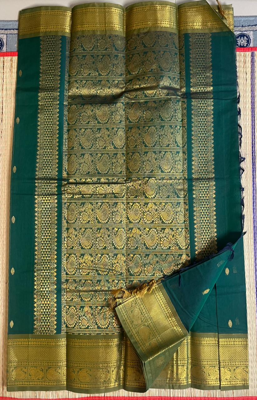 Kanchi Cotton Saree - 01-09B-05-32 (Deep Teal Green) Gopuram Butta