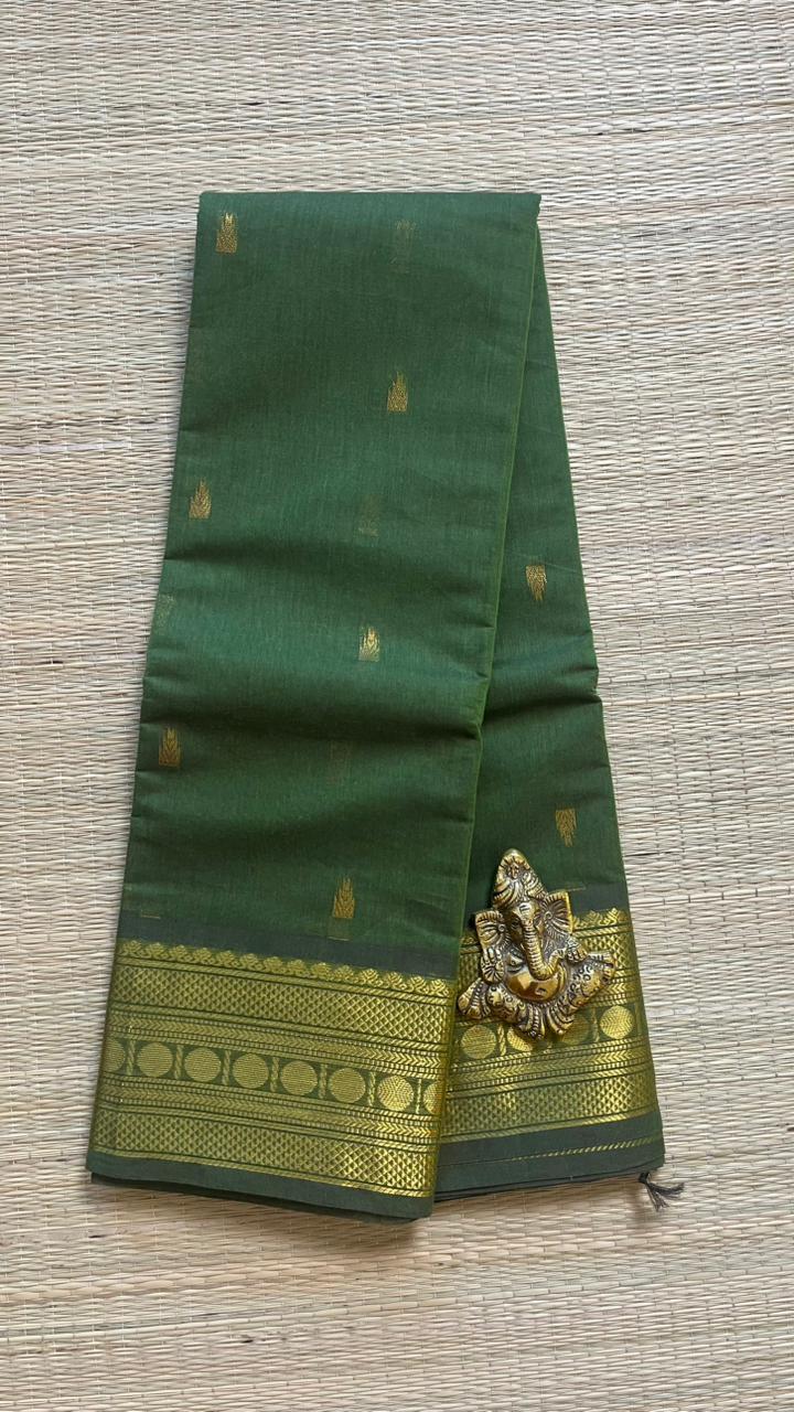 Kanchi Cotton Saree - 01-09B-05-25 (Emerald Green) Gopuram Butta