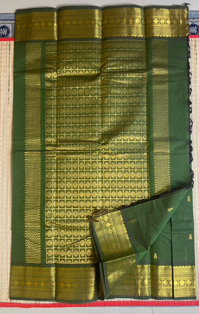Kanchi Cotton Saree - 01-09B-05-25 (Emerald Green) Gopuram Butta