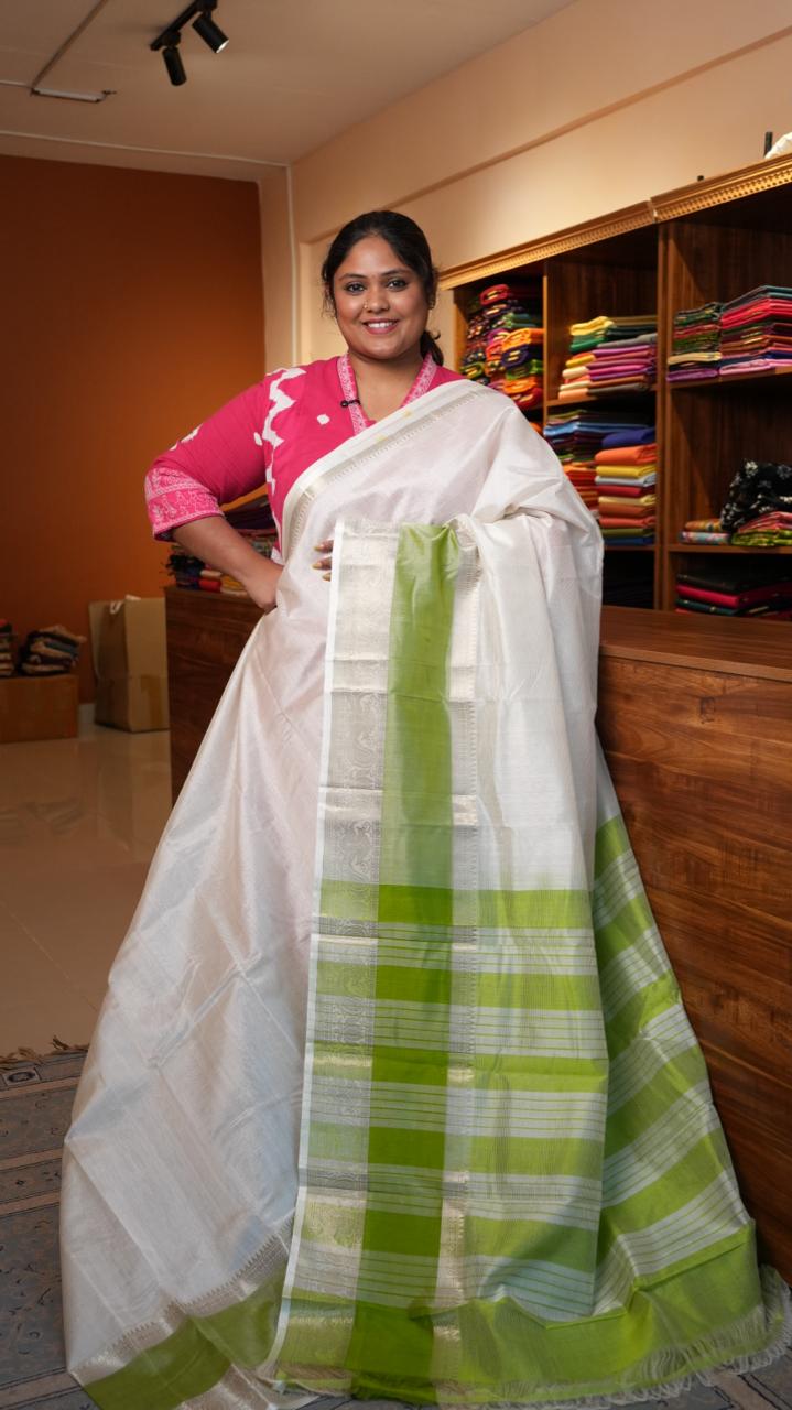 Raaz - Mangalagiri Silk Cotton Kanchi Border Saree - 15-02-03-02 (VANILLA SWIRL)