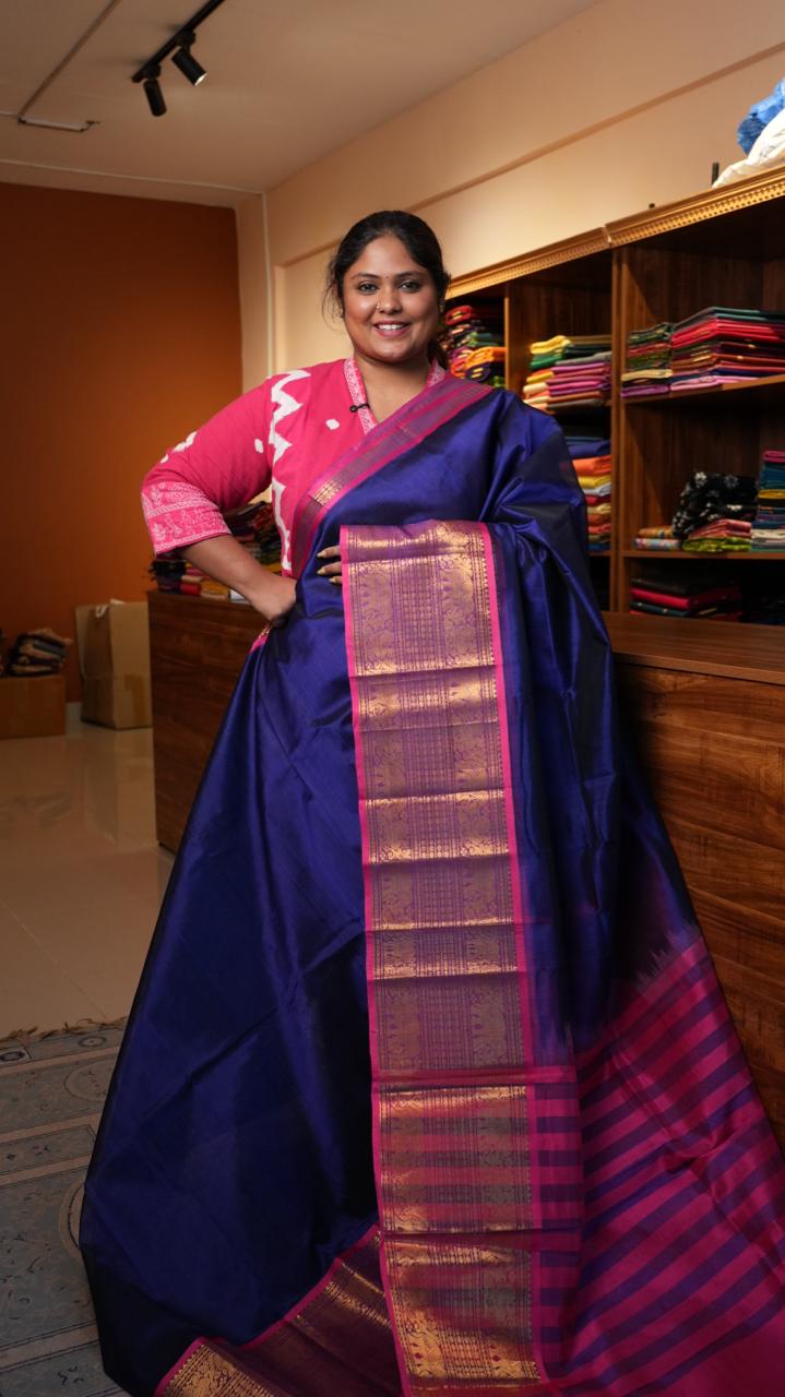 Raaz - Mangalagiri Silk Cotton Kanchi Border Saree - 15-02-03-07 (INDIGO SKY)