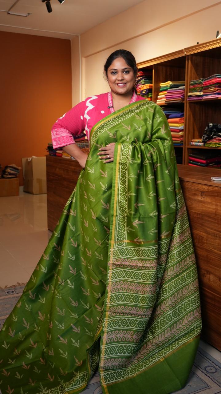 Chanderi Handblock Print Saree - 51-02-01-06 (AMAZON JADE)