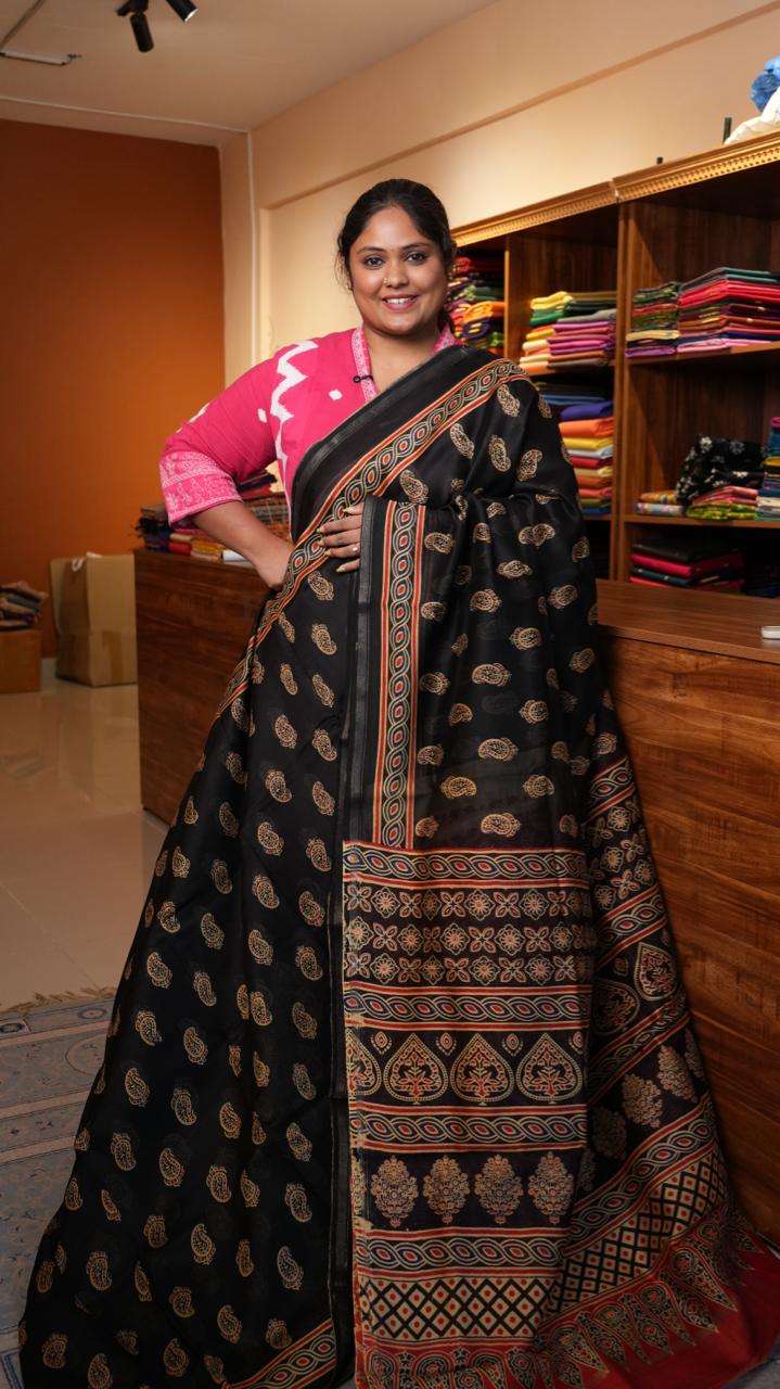 Chanderi Handblock Print Saree - 51-02-01-23 (KYOTO NOIR)