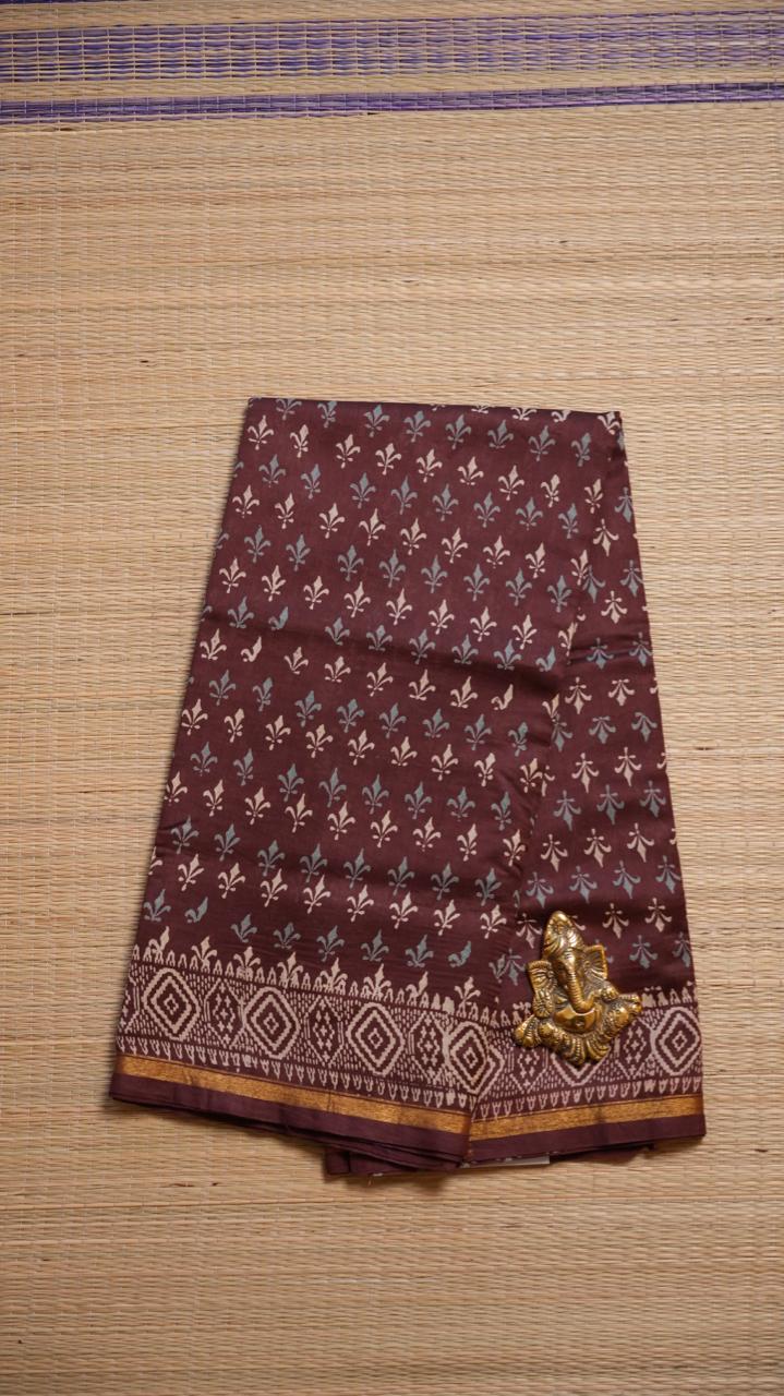 Chanderi Handblock Print Saree - 51-02-01-20 (MAYAN COCOA)