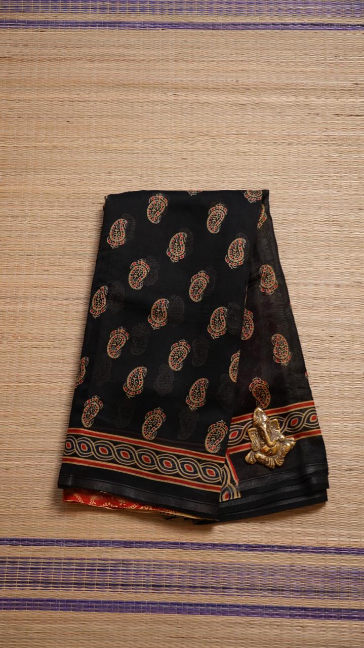 Chanderi Handblock Print Saree - 51-02-01-23 (KYOTO NOIR)