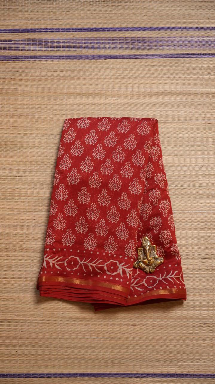 Chanderi Handblock Print Saree - 51-02-01-14 (POMPEII RED)