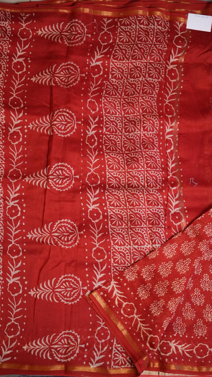 Chanderi Handblock Print Saree - 51-02-01-14 (POMPEII RED)