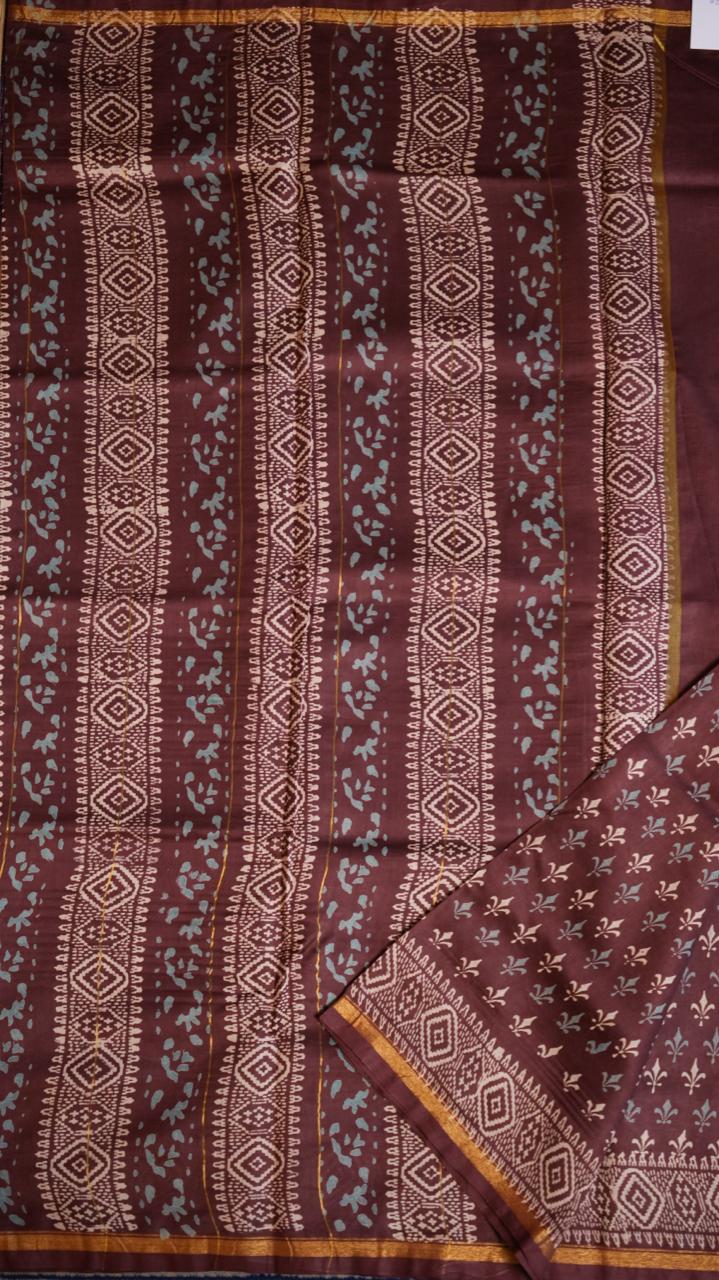 Chanderi Handblock Print Saree - 51-02-01-20 (MAYAN COCOA)