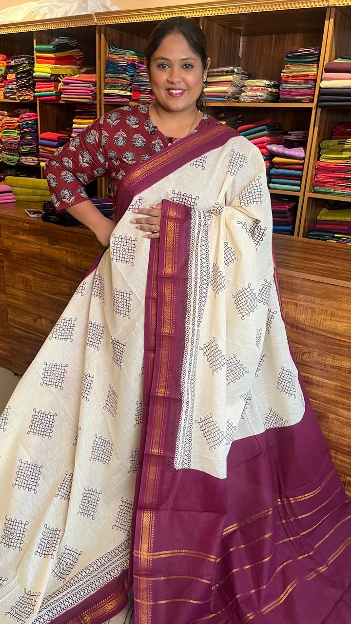 Kolam Small Border Madurai Cotton Saree 11-03C-07-6Y-01