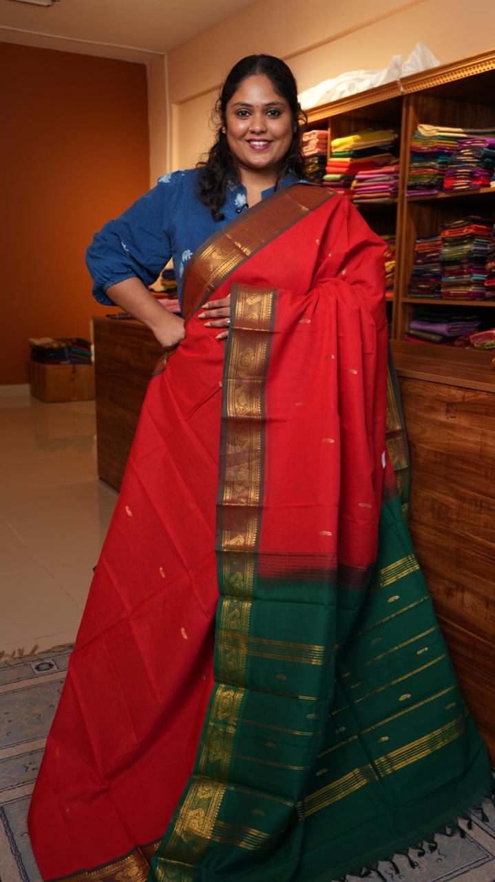Mercerised Kanchi Cotton Saree - 01-03-11-03 (TOMATO JUICE)