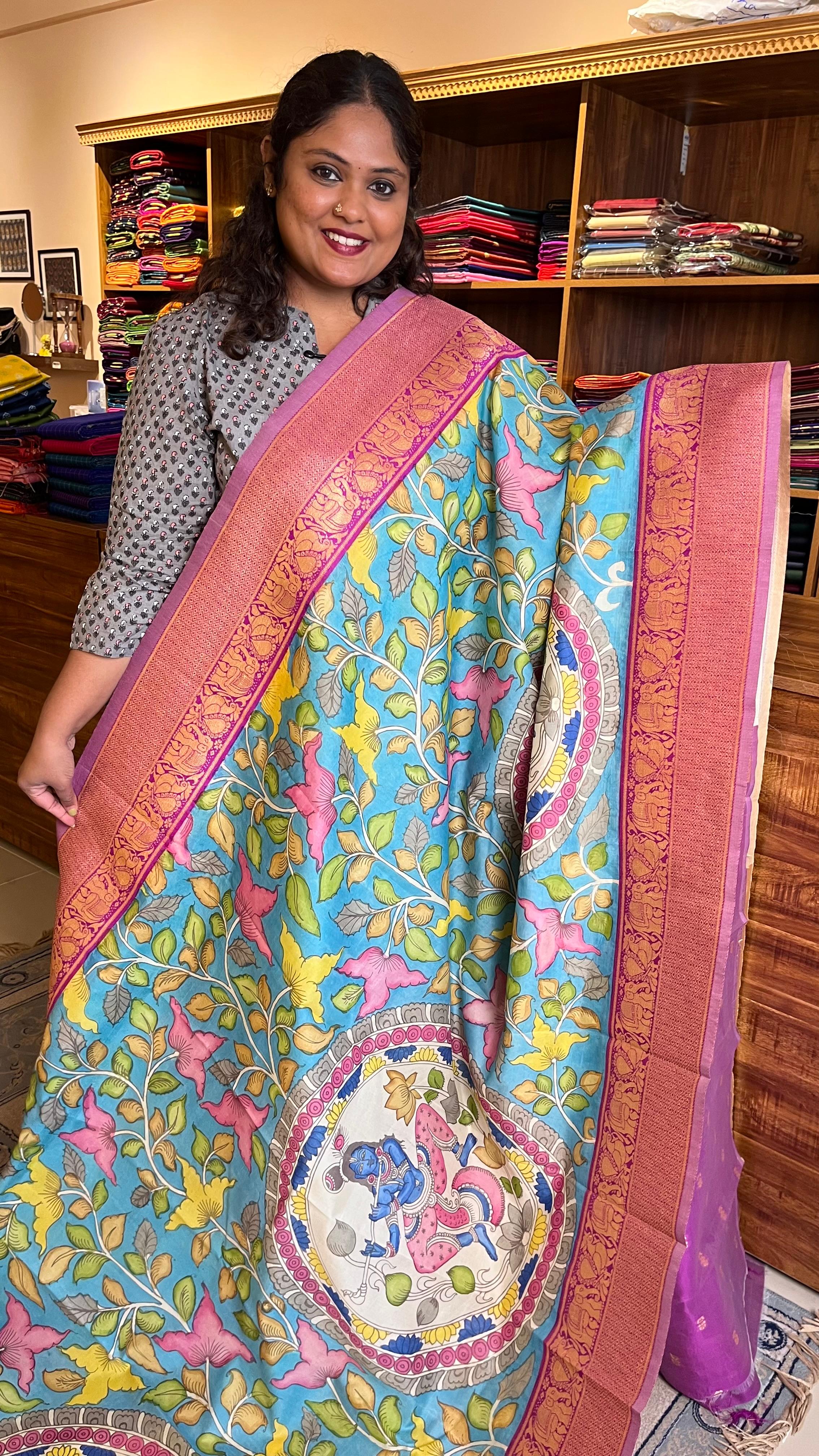 Pen Kalamkari in Benaras Silk - 02-03-02-01